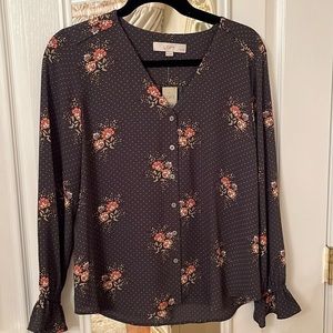 Loft Women’s Dress Shirt Button Down Floral and White Polka Dot